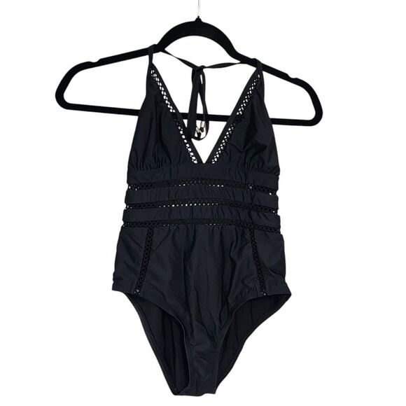 Ella Moss Swimsuit M 1 Pc Black Tie Neck Mesh Panels - Picture 1 of 5